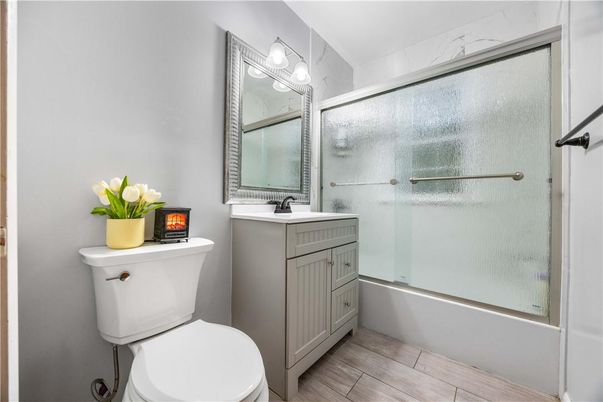 Bathroom, Glass Shower, Interior, Wood Texture Flooring
