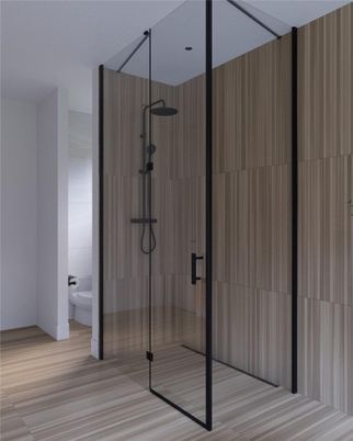 Bathroom, Glass Shower, Interior, Wood Texture Flooring