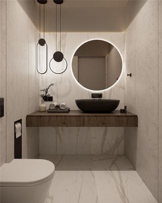 Bathroom, Interior, Marble, Pendant Lights