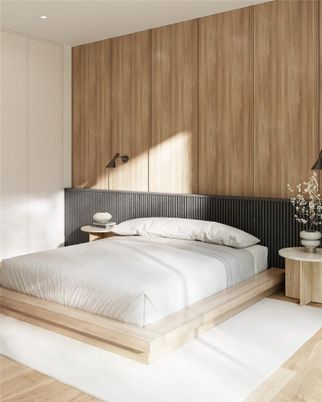 Bedroom, Interior, Recessed Lighting, Wood Texture Flooring