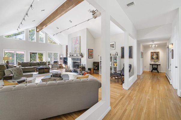 Chandelier, Dining room, Fireplace, Interior, Living room, Wooden Beams, Wood Texture Flooring