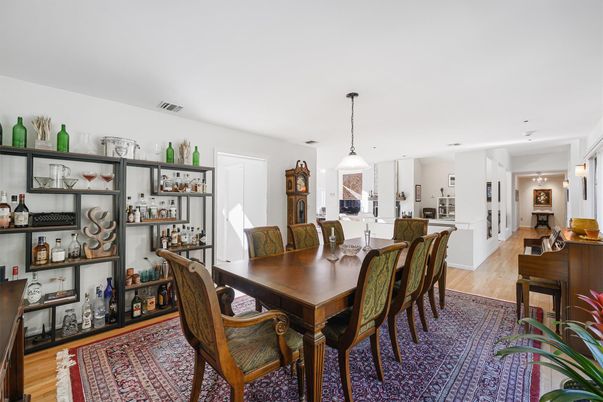 Dining room, Interior, Pendant Lights, Recessed Lighting, Wood Texture Flooring