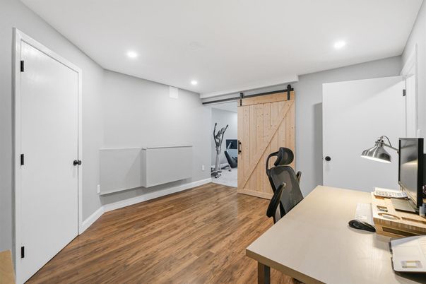 Fitness Equipment, Home Office, Interior, Recessed Lighting, Wood Texture Flooring