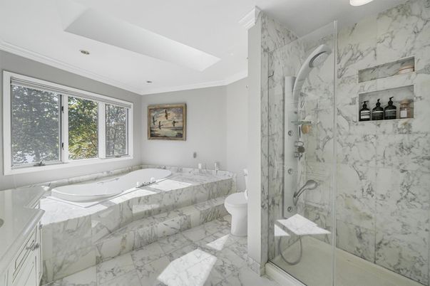 Bathroom, Glass Shower, Interior, Marble, Marble Walls, Recessed Lighting