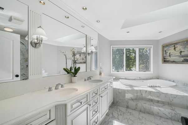 Bathroom, Dual Sink Vanities, Interior, Marble, Recessed Lighting