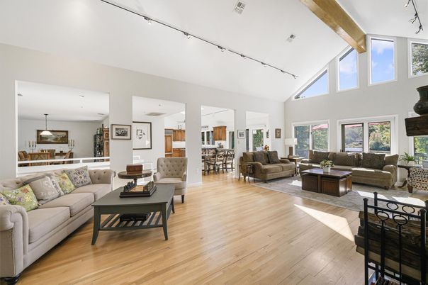 Dining room, Interior, Living room, Pendant Lights, Wooden Beams, Wood Texture Flooring