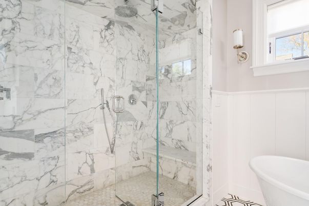Bathroom, Glass Shower, Interior, Marble Walls