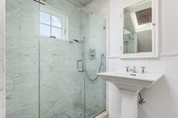 Bathroom, Glass Shower, Interior, Marble Walls