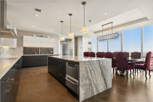 Dining room, Interior, Kitchen, Pendant Lights, Recessed Lighting, Stainless Steel Appliances, Wood Texture Flooring