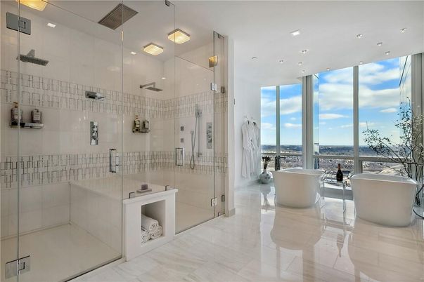 Bathroom, Free Standing Baths, Glass Shower, Interior, Pendant Lights, Recessed Lighting