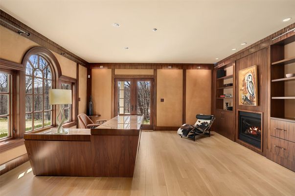Fireplace, Home Office, Interior, Recessed Lighting, Wood Texture Flooring, Wooden Walls