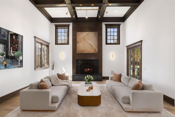 Fireplace, Interior, Living room, Recessed Lighting, Wooden Beams, Wood Texture Flooring