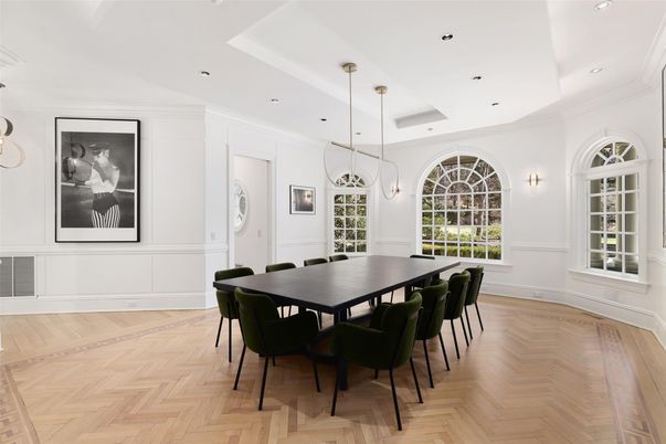 Dining room, Interior, Pendant Lights, Recessed Lighting, Wood Texture Flooring