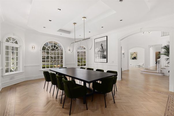 Dining room, Interior, Pendant Lights, Recessed Lighting, Wood Texture Flooring