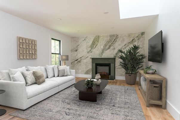 Fireplace, Interior, Living room, Marble Walls, Recessed Lighting, Wood Texture Flooring