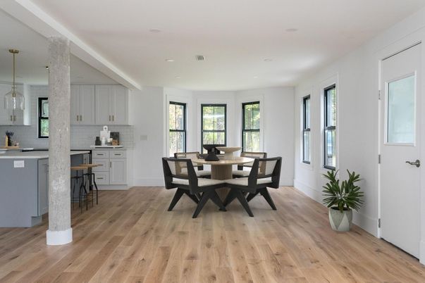 Dining room, Interior, Kitchen, Pendant Lights, Recessed Lighting, Wood Texture Flooring