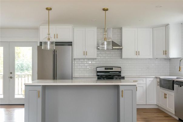 Interior, Kitchen, Pendant Lights, Stainless Steel Appliances, Wood Texture Flooring