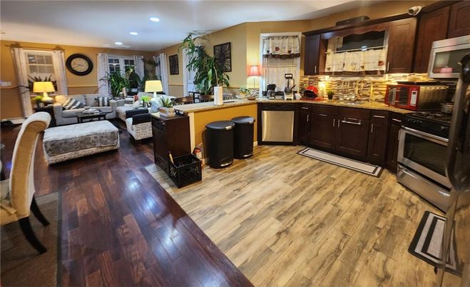 Interior, Kitchen, Living room, Recessed Lighting, Stainless Steel Appliances, Wood Texture Flooring