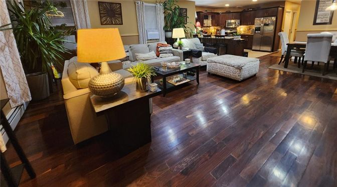 Dining room, Interior, Kitchen, Living room, Pendant Lights, Recessed Lighting, Stainless Steel Appliances, Wood Texture Flooring