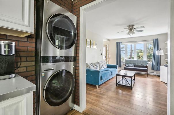 Interior, Living room, Stone Walls, Washer, Wood Texture Flooring