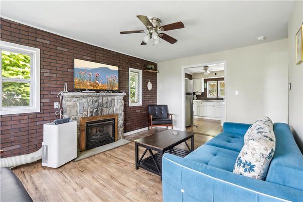 Fireplace, Interior, Living room, Stone Walls, Wood Texture Flooring
