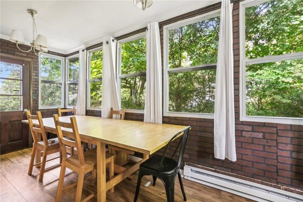 Dining room, Interior, Pendant Lights, Wood Texture Flooring