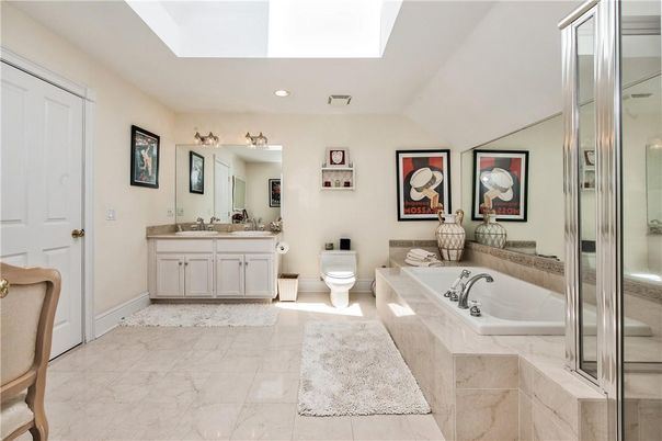 Bathroom, Dual Sink Vanities, Glass Shower, Interior, Marble, Recessed Lighting