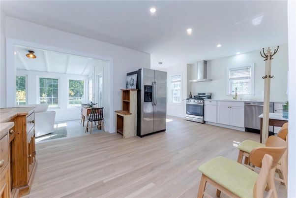 Dining room, Interior, Kitchen, Recessed Lighting, Stainless Steel Appliances, Wood Texture Flooring