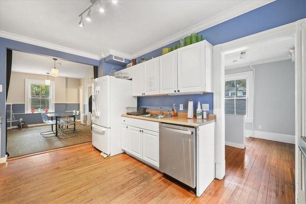 Dining room, Interior, Kitchen, Pendant Lights, Wood Texture Flooring