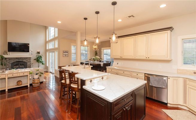 Dining room, Fireplace, Interior, Kitchen, Living room, Pendant Lights, Recessed Lighting, Wood Texture Flooring
