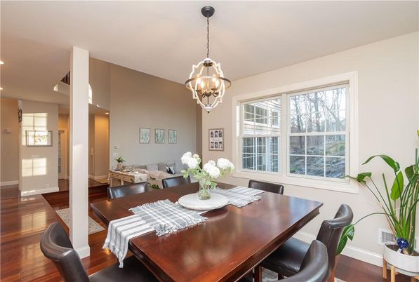 Chandelier, Dining room, Interior, Pendant Lights, Recessed Lighting, Wood Texture Flooring