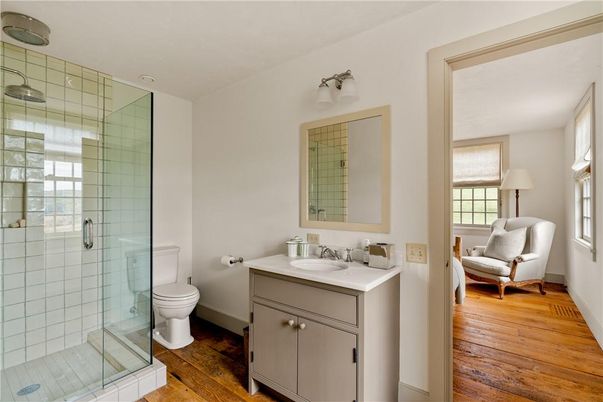 Bathroom, Glass Shower, Interior, Wood Texture Flooring