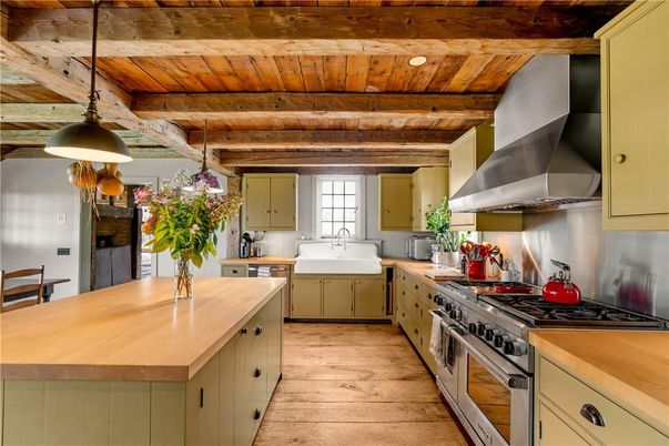Interior, Kitchen, Pendant Lights, Recessed Lighting, Stainless Steel Appliances, Wooden Beams, Wooden Ceilings, Wood Texture Flooring