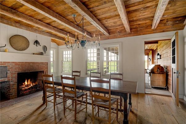 Dining room, Fireplace, Interior, Wooden Beams, Wooden Ceilings, Wood Texture Flooring