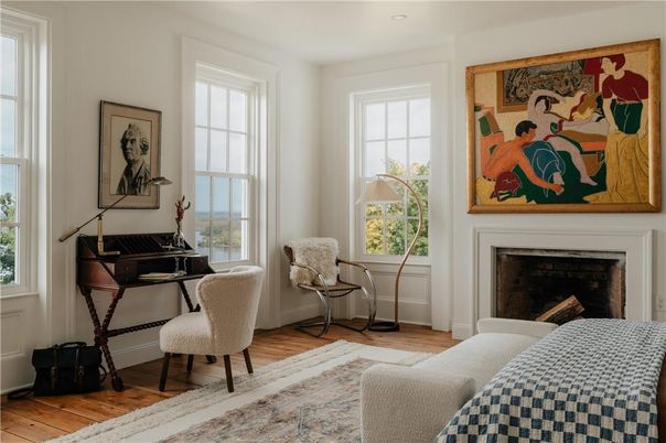 Fireplace, Home Office, Interior, Recessed Lighting, Wood Texture Flooring