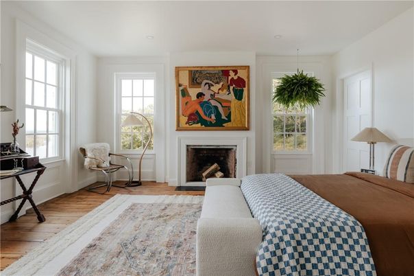 Bedroom, Fireplace, Interior, Wood Texture Flooring