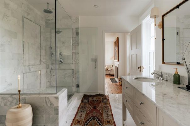 Bathroom, Glass Shower, Interior, Marble, Marble Walls, Recessed Lighting, Wood Texture Flooring