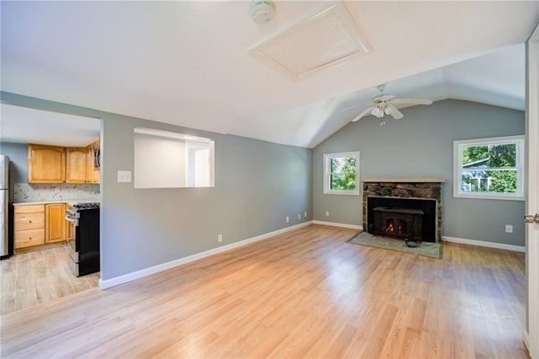 Empty room, Fireplace, Interior, Kitchen, Wood Texture Flooring