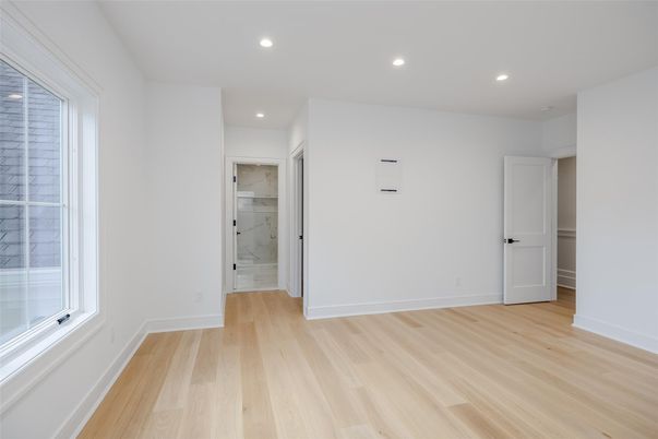 Bathroom, Empty room, Interior, Recessed Lighting, Wood Texture Flooring
