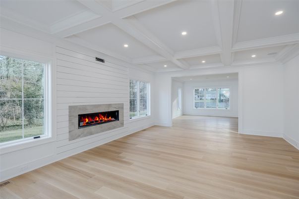 Empty room, Fireplace, Interior, Recessed Lighting, Wood Texture Flooring