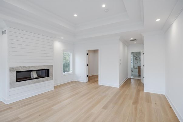 Empty room, Fireplace, Interior, Recessed Lighting, Wood Texture Flooring