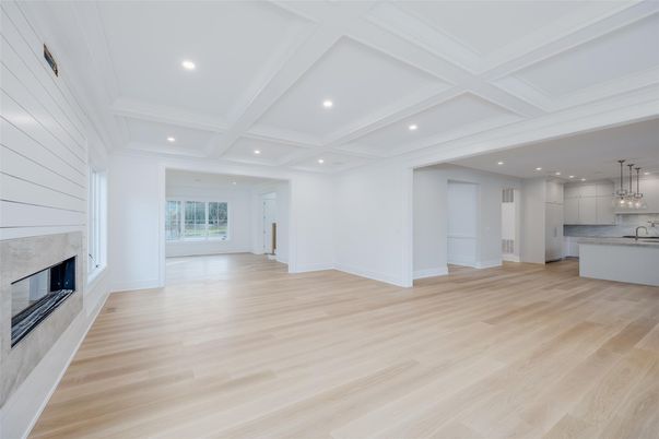 Empty room, Fireplace, Interior, Kitchen, Pendant Lights, Recessed Lighting, Wood Texture Flooring