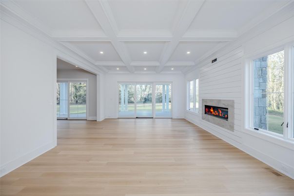 Empty room, Fireplace, Interior, Recessed Lighting, Wood Texture Flooring