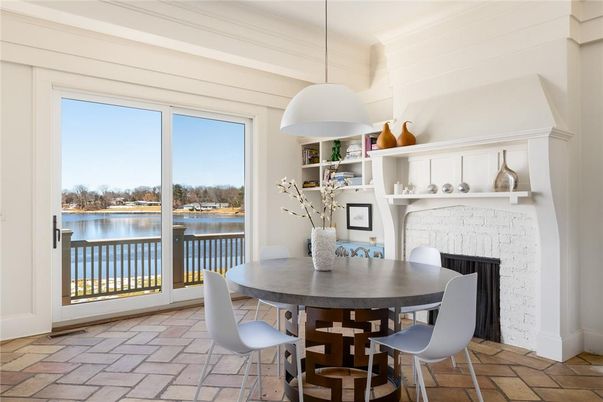Dining room, Fireplace, Interior, Pendant Lights, Water