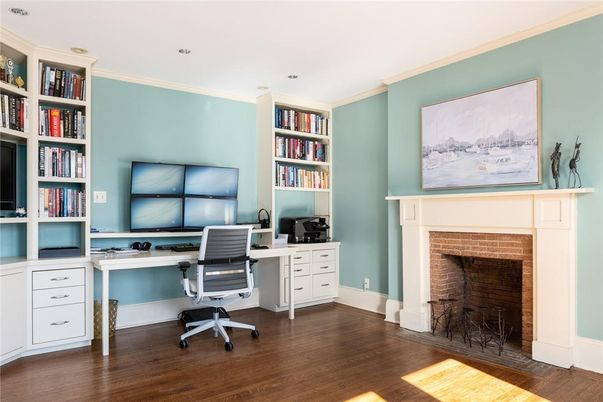 Fireplace, Home Office, Interior, Recessed Lighting, Wood Texture Flooring
