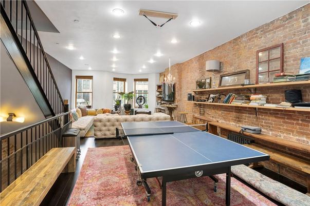 Chandelier, Game Room, Interior, Living room, Recessed Lighting, Stone Walls