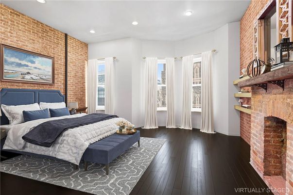 Bedroom, Fireplace, Interior, Recessed Lighting, Stone Walls, Wood Texture Flooring
