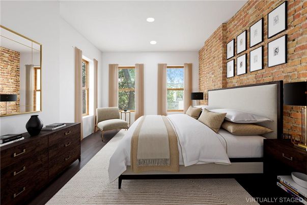 Bedroom, Interior, Recessed Lighting, Stone Walls, Wood Texture Flooring