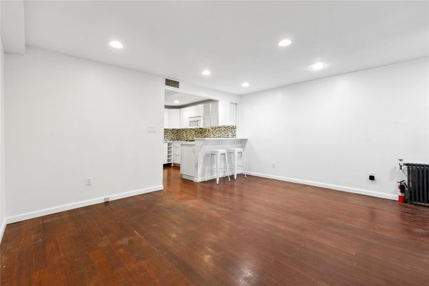 Empty room, Interior, Kitchen, Recessed Lighting, Wood Texture Flooring