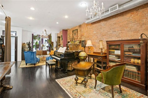 Chandelier, Interior, Piano, Recessed Lighting, Stone Walls, Wood Texture Flooring